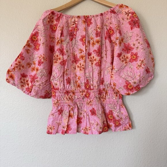 NWT LOFT Lily Gathered Waist V Neck Blouse Size Medium Pink Zinnia - Picture 7 of 7